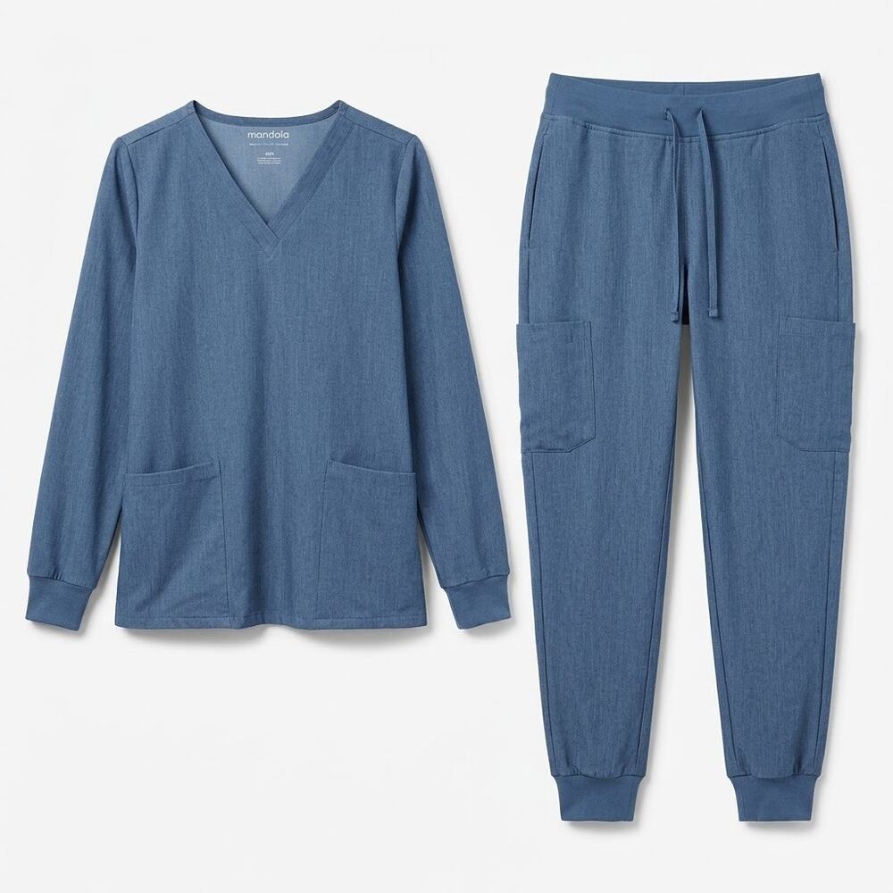 Mandala Equa-Tek Long Sleeve Notch Neck Jogger Scrub Set Denim Blue Womens XXS